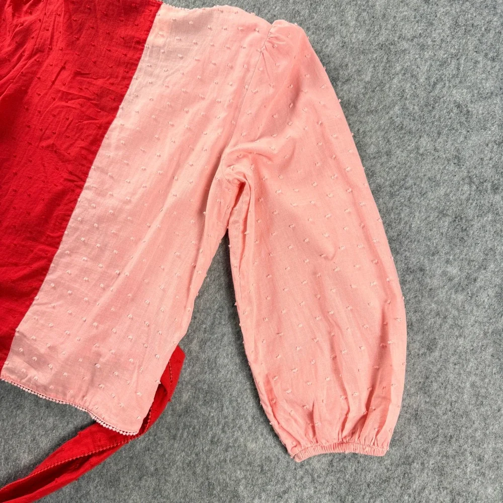 Farm Rio Anthropology Colorblock Wrap Blouse Top XS Swiss Dot Pink Red Festival
